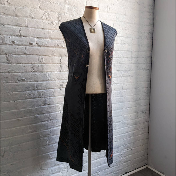 Vintage Southwest Knit Sweater Vest Boho Duster Fairisle Longline Retro Cardigan - Picture 5 of 8